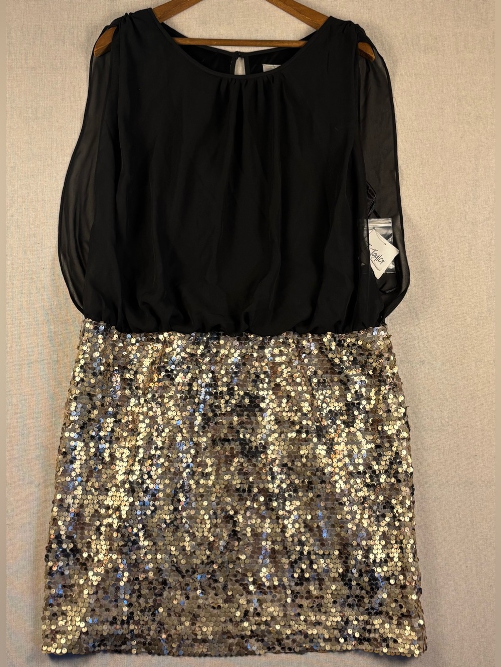 J. Taylor Women’s Medium Black Chiffon Top with Gold Sequin Skirt Dress